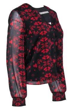 Alice & Olivia - Black & Red Floral Print Long Sleeve Blouse Sz S
