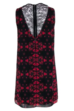 Alice & Olivia - Black & Red Floral Print Sleeveless Shift Dress w/ Lace Middle V Sz 6