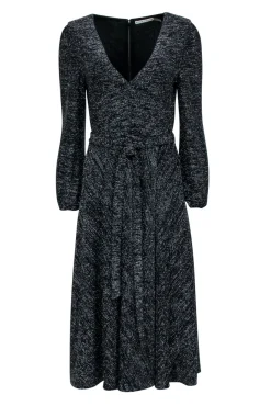 Alice & Olivia - Black & Silver Metallic Long Sleeve Waist Tie Dress Sz 8