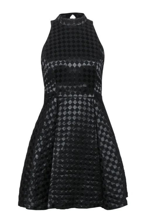 Alice & Olivia - Black Checkered Mock Neck A-Line Dress Sz 0