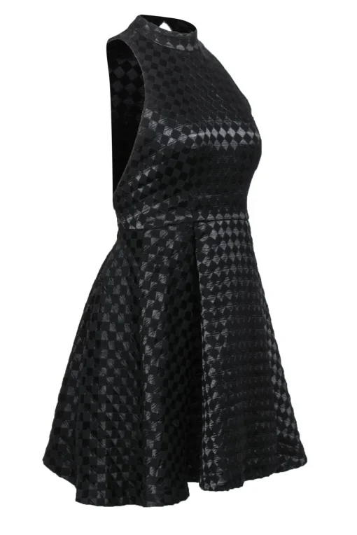 Alice & Olivia - Black Checkered Mock Neck A-Line Dress Sz 0