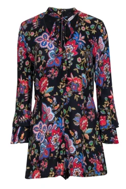 Alice & Olivia - Black Floral Print Romper w/ Front Neck Tie Sz 10