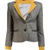 Alice & Olivia - Black Herringbone Wool Blend Blazer w/ Leather & Yellow Knit Trim Sz XS