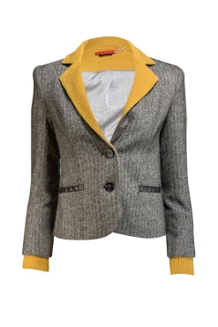 Alice & Olivia - Black Herringbone Wool Blend Blazer w/ Leather & Yellow Knit Trim Sz XS