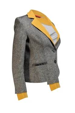 Alice & Olivia - Black Herringbone Wool Blend Blazer w/ Leather & Yellow Knit Trim Sz XS