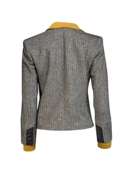 Alice & Olivia - Black Herringbone Wool Blend Blazer w/ Leather & Yellow Knit Trim Sz XS