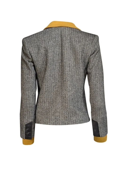 Alice & Olivia - Black Herringbone Wool Blend Blazer w/ Leather & Yellow Knit Trim Sz XS