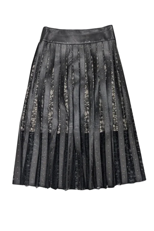 Alice & Olivia - Black Leather & Lace Studded Skirt Sz 0