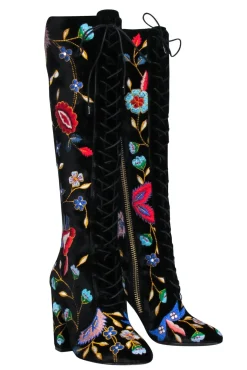 Alice & Olivia - Black Velvet Embroidered Lace-Up Heeled Knee High Boots Sz 6
