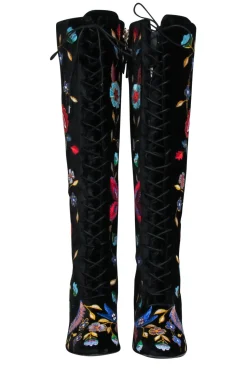 Alice & Olivia - Black Velvet Embroidered Lace-Up Heeled Knee High Boots Sz 6