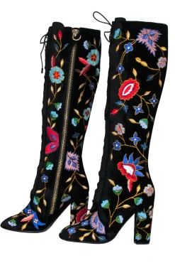 Alice & Olivia - Black Velvet Embroidered Lace-Up Heeled Knee High Boots Sz 6