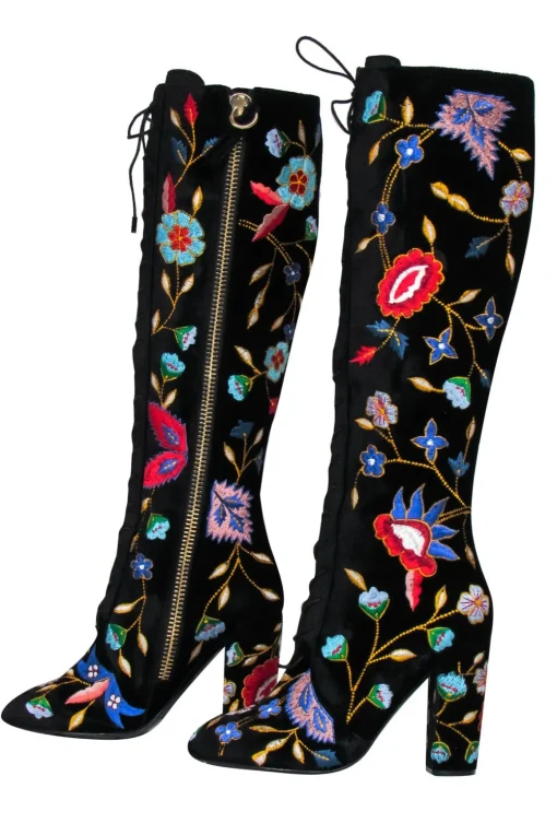 Alice & Olivia - Black Velvet Embroidered Lace-Up Heeled Knee High Boots Sz 6