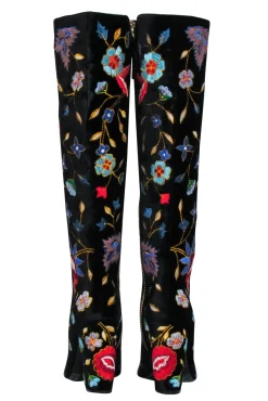 Alice & Olivia - Black Velvet Embroidered Lace-Up Heeled Knee High Boots Sz 6