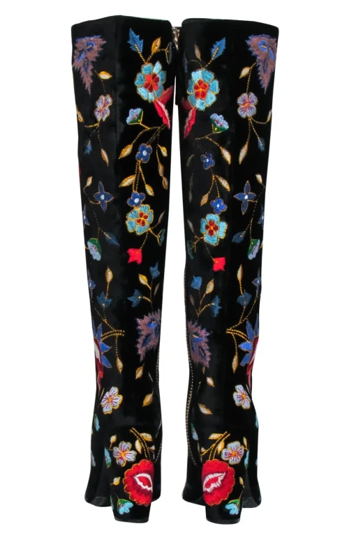 Alice & Olivia - Black Velvet Embroidered Lace-Up Heeled Knee High Boots Sz 6