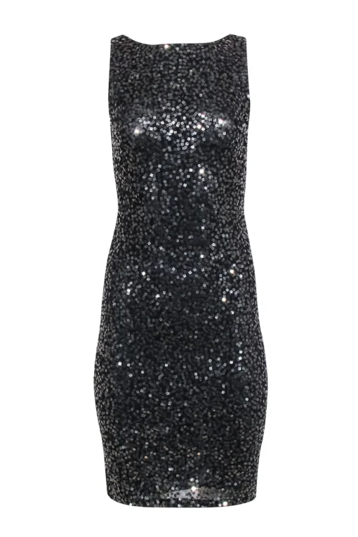 Alice & Olivia - Black w/ Gunmetal Sequin Sleeveless Sheath Dress Sz 4