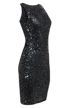 Alice & Olivia - Black w/ Gunmetal Sequin Sleeveless Sheath Dress Sz 4