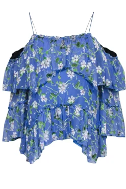 Alice & Olivia - Blue Floral Print Cold Shoulder Ruffle Blouse Sz SP