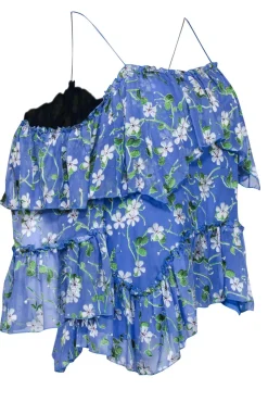 Alice & Olivia - Blue Floral Print Cold Shoulder Ruffle Blouse Sz SP