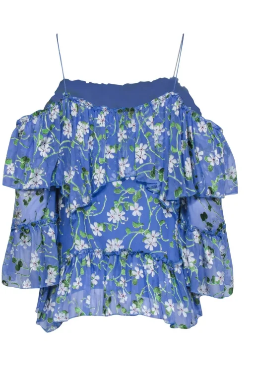 Alice & Olivia - Blue Floral Print Cold Shoulder Ruffle Blouse Sz SP