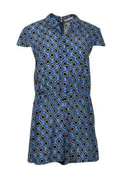 Alice & Olivia - Blue Geometric Print Short Sleeve Collared Romper Sz S