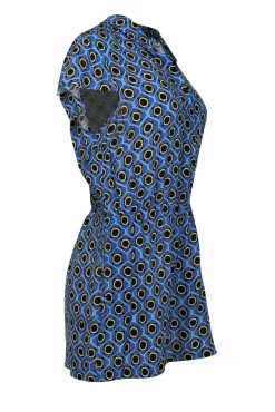 Alice & Olivia - Blue Geometric Print Short Sleeve Collared Romper Sz S