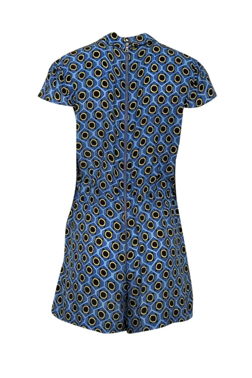 Alice & Olivia - Blue Geometric Print Short Sleeve Collared Romper Sz S