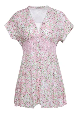 Alice & Olivia - Blush & Green Disty Floral Print Smocked Waistline Fit & Flare Sundress Sz 2