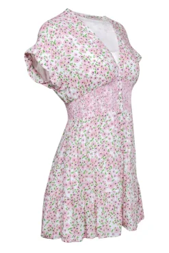Alice & Olivia - Blush & Green Disty Floral Print Smocked Waistline Fit & Flare Sundress Sz 2