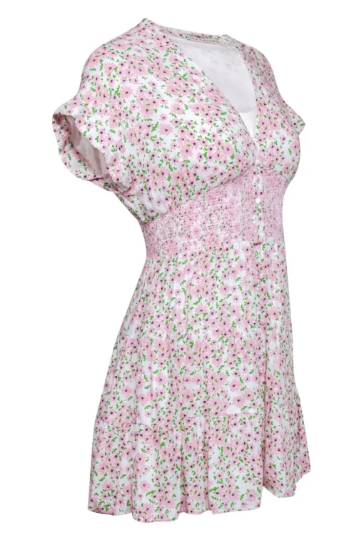 Alice & Olivia - Blush & Green Disty Floral Print Smocked Waistline Fit & Flare Sundress Sz 2