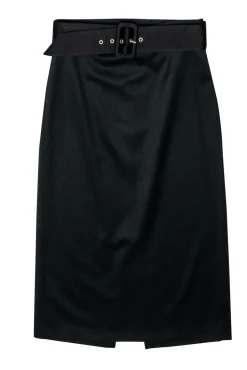 Alice & Olivia - Classic Black Wool Belted Pencil Skirt w/ Back Slit Sz 8