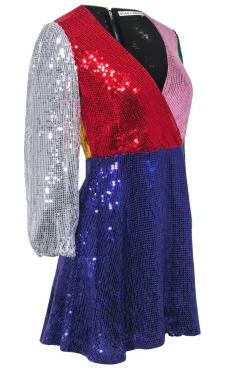 Alice & Olivia - Color Block Sequin Faux Wrap Dress Sz 4