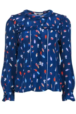 Alice & Olivia - Dark Blue & Multicolored Ice Cream Print Blouse Sz M
