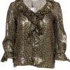 Alice & Olivia - Gold Metallic Leopard Print Button-Up Ruffle Blouse Sz XS