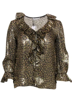 Alice & Olivia - Gold Metallic Leopard Print Button-Up Ruffle Blouse Sz XS