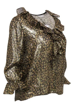 Alice & Olivia - Gold Metallic Leopard Print Button-Up Ruffle Blouse Sz XS