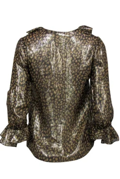 Alice & Olivia - Gold Metallic Leopard Print Button-Up Ruffle Blouse Sz XS
