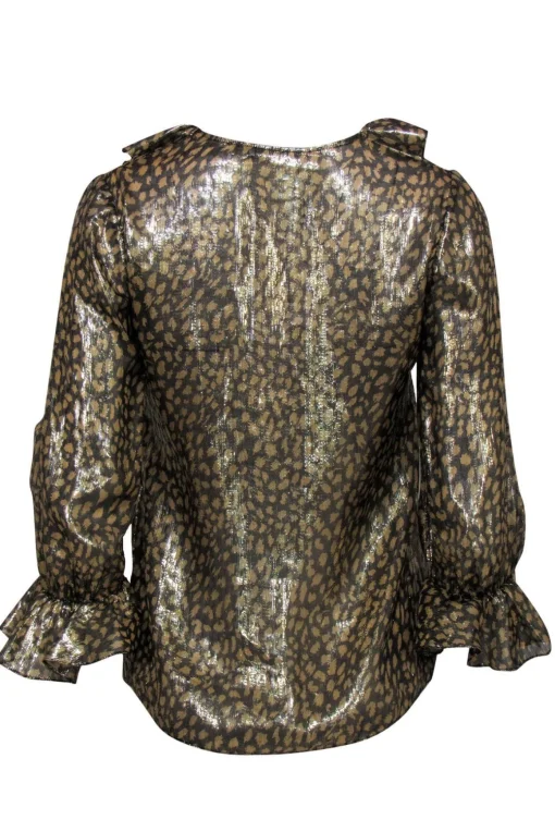 Alice & Olivia - Gold Metallic Leopard Print Button-Up Ruffle Blouse Sz XS