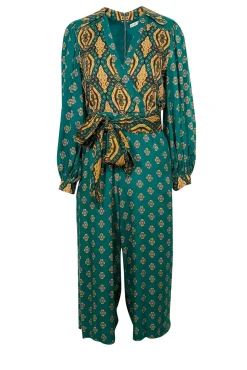 Alice & Olivia - Green & Gold Print Crop Jumpsuit w/ Waist Tie Sash Sz 2