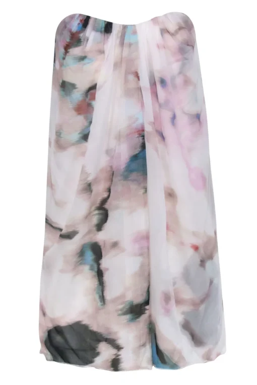 Alice & Olivia - Ivory & Multi Water Color Print Strapless Silk Dress Sz 2