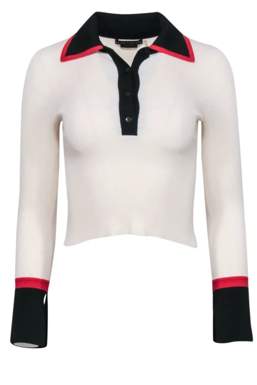 Alice & Olivia - Ivory Ribbed Knit Quarter Button Top Sz XS