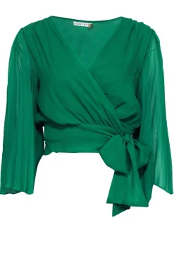 Alice & Olivia - Kelly Green Pleated Silk Cropped Wrap Blouse Sz M