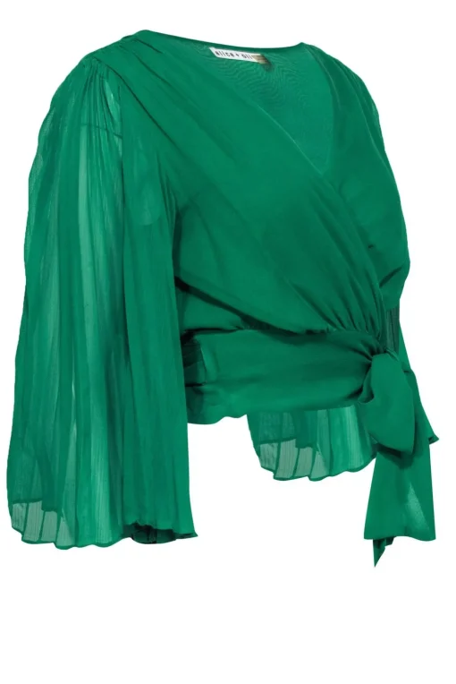 Alice & Olivia - Kelly Green Pleated Silk Cropped Wrap Blouse Sz M