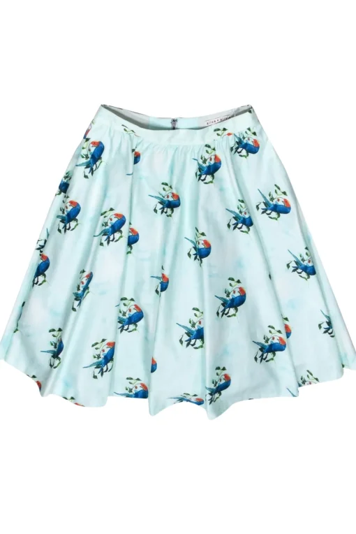 Alice & Olivia - Mint Green & Blue Bird Print Flare Skirt Sz 6