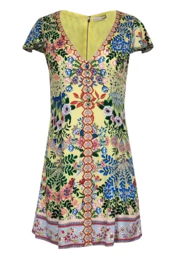 Alice & Olivia - Pale Yellow w/ Multicolor Floral Print Flutter Sleeve Dress Sz 2