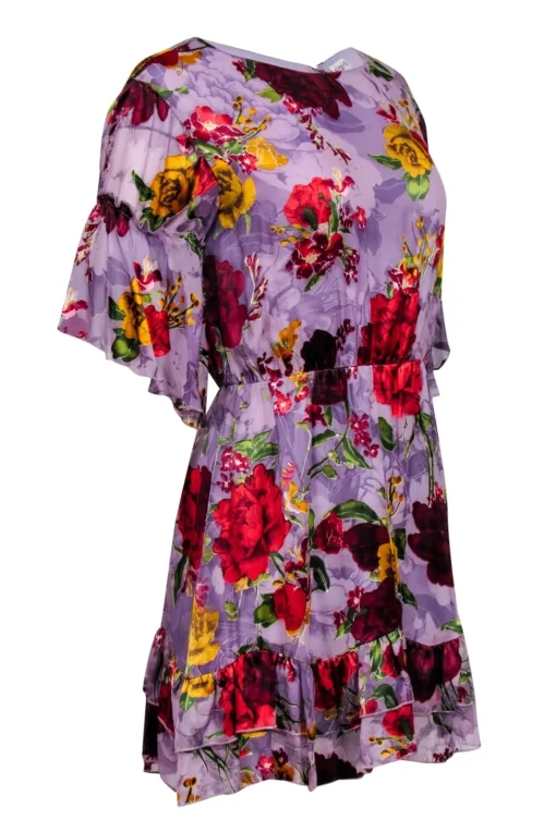 Alice & Olivia - Purple w/ Multicolor Burnout Floral Print Ruffled Mini Dress Sz 6