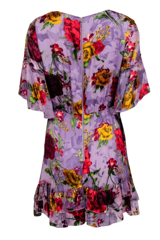 Alice & Olivia - Purple w/ Multicolor Burnout Floral Print Ruffled Mini Dress Sz 6