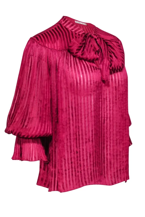 Alice & Olivia - Raspberry Stripe Satin Blouse w/ Neck Tie Sz S