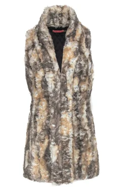 Alice & Olivia - Tan, White & Grey Marbled Faux Fur Open Vest Sz M