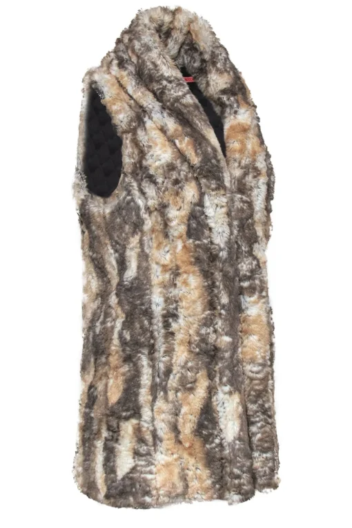 Alice & Olivia - Tan, White & Grey Marbled Faux Fur Open Vest Sz M