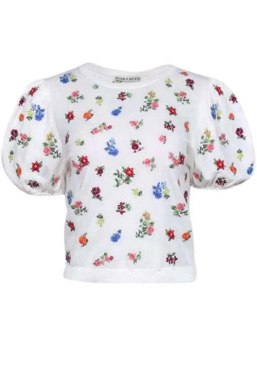 Alice & Olivia - White & Multi Color Floral Knit Top Sz M